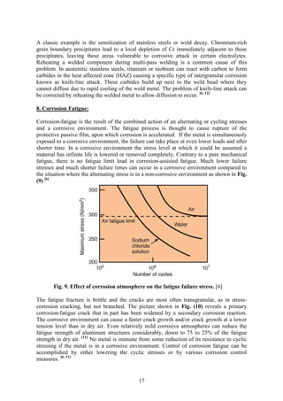 17
A classic example is the sensitization of stainless steels or weld decay. Chromium-rich
grain boundary precipitates lead to a local depletion of Cr immediately adjacent to these
precipitates, leaving these areas vulnerable to corrosive attack in certain electrolytes.
Reheating a welded component during multi-pass welding is a common cause of this
problem. In austenitic stainless steels, titanium or niobium can react with carbon to form
carbides in the heat affected zone (HAZ) causing a specific type of intergranular corrosion
known as knife-line attack. These carbides build up next to the weld bead where they
cannot diffuse due to rapid cooling of the weld metal. The problem of knife-line attack can
be corrected by reheating the welded metal to allow diffusion to occur. [6, 12]
8. Corrosion Fatigue:
Corrosion-fatigue is the result of the combined action of an alternating or cycling stresses
and a corrosive environment. The fatigue process is thought to cause rupture of the
protective passive film, upon which corrosion is accelerated. If the metal is simultaneously
exposed to a corrosive environment, the failure can take place at even lower loads and after
shorter time. In a corrosive environment the stress level at which it could be assumed a
material has infinite life is lowered or removed completely. Contrary to a pure mechanical
fatigue, there is no fatigue limit load in corrosion-assisted fatigue. Much lower failure
stresses and much shorter failure times can occur in a corrosive environment compared to
the situation where the alternating stress is in a non-corrosive environment as shown in Fig.
(9) [6]
Fig. 9. Effect of corrosion atmosphere on the fatigue failure stress. [6]
The fatigue fracture is brittle and the cracks are most often transgranular, as in stress-
corrosion cracking, but not branched. The picture shown in Fig. (10) reveals a primary
corrosion-fatigue crack that in part has been widened by a secondary corrosion reaction.
The corrosive environment can cause a faster crack growth and/or crack growth at a lower
tension level than in dry air. Even relatively mild corrosive atmospheres can reduce the
fatigue strength of aluminum structures considerably, down to 75 to 25% of the fatigue
strength in dry air. [11]
No metal is immune from some reduction of its resistance to cyclic
stressing if the metal is in a corrosive environment. Control of corrosion fatigue can be
accomplished by either lowering the cyclic stresses or by various corrosion control
measures. [6, 11]
 