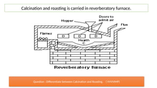 Calcination and roasting is carried in reverberatory furnace.
Question : Differentiate between Calcination and Roasting. ( VVVVIMP)
 