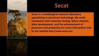 Secat
Secat is a metallurgical research laboratory
specializing in aluminum technology. We assist
companies with materials testing, failure analysis,
alloy development, and the enhancement of
processes and properties.For more inforamtion visit
to our website:http://www.secat.net/
 
