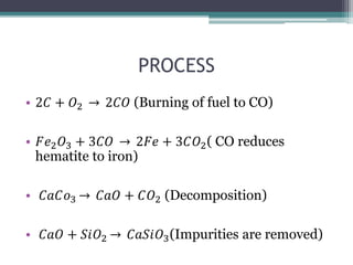 PROCESS
• 2𝐶 + 𝑂2 2𝐶𝑂 (Burning of fuel to CO)
• 𝐹𝑒2 𝑂3 + 3𝐶𝑂 2𝐹𝑒 + 3𝐶𝑂2( CO reduces
hematite to iron)
• 𝐶𝑎𝐶𝑜3 𝐶𝑎𝑂 + 𝐶𝑂2 (Decomposition)
• 𝐶𝑎𝑂 + 𝑆𝑖𝑂2 𝐶𝑎𝑆𝑖𝑂3(Impurities are removed)
 