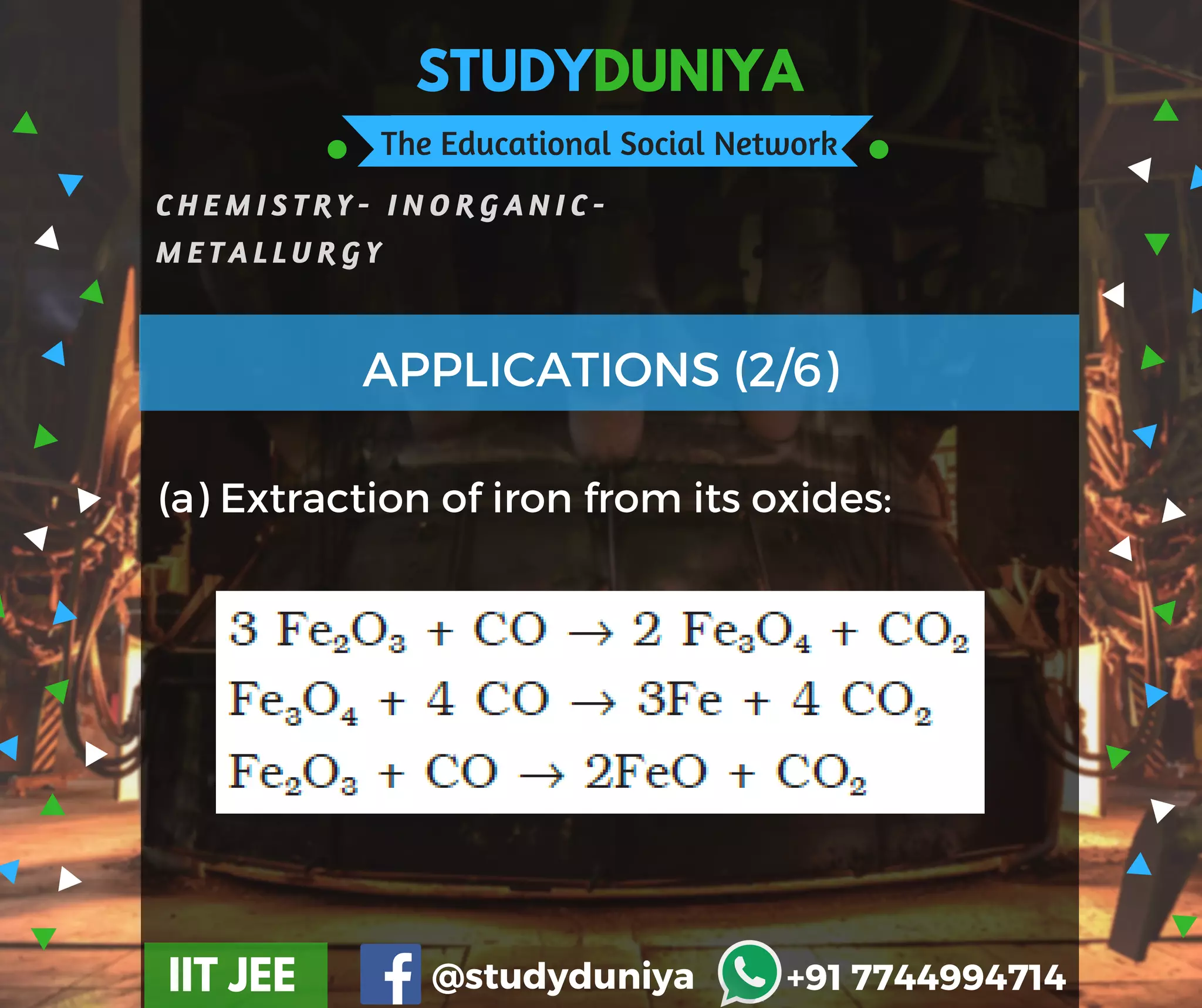 STUDYDUNIYA
The Educational Social Network
C H E M I S T R Y - I N O R G A N I C -
M E T A L L U R G Y
IIT JEE @studyduniya +91 7744994714
(a) Extraction of iron from its oxides:
APPLICATIONS (2/6)
 