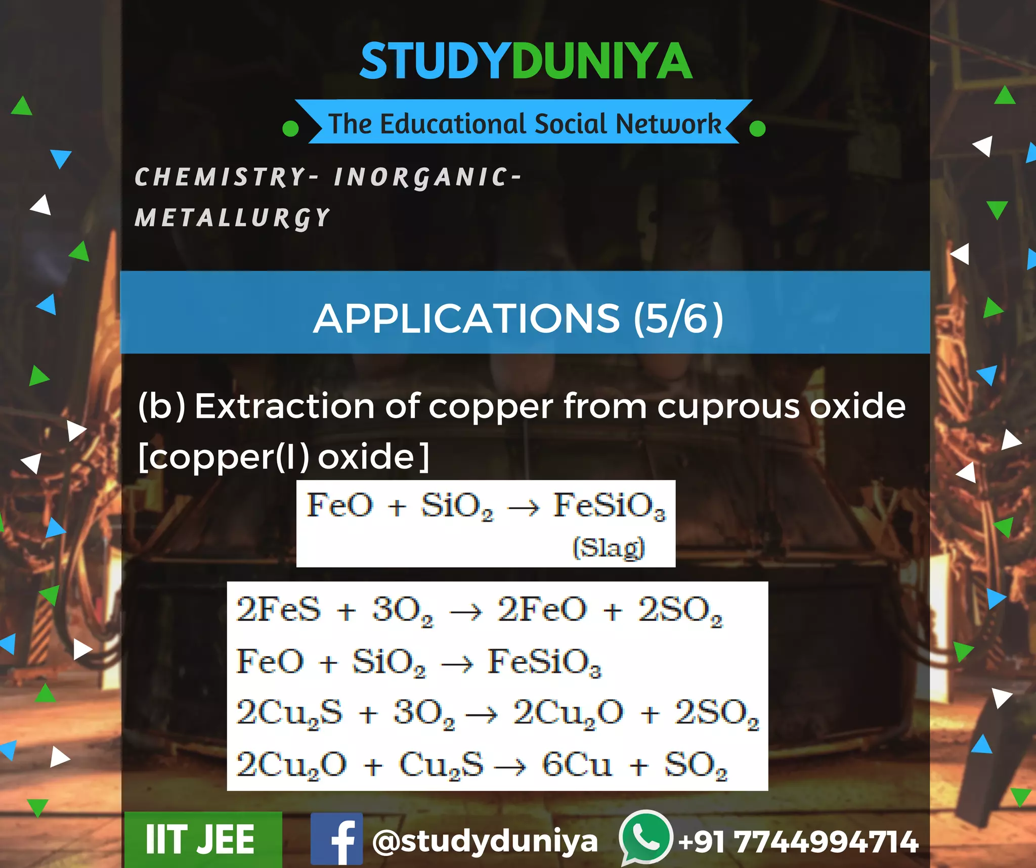 STUDYDUNIYA
The Educational Social Network
C H E M I S T R Y - I N O R G A N I C -
M E T A L L U R G Y
IIT JEE @studyduniya +91 7744994714
(b) Extraction of copper from cuprous oxide
[copper(I) oxide]
APPLICATIONS (5/6)
 