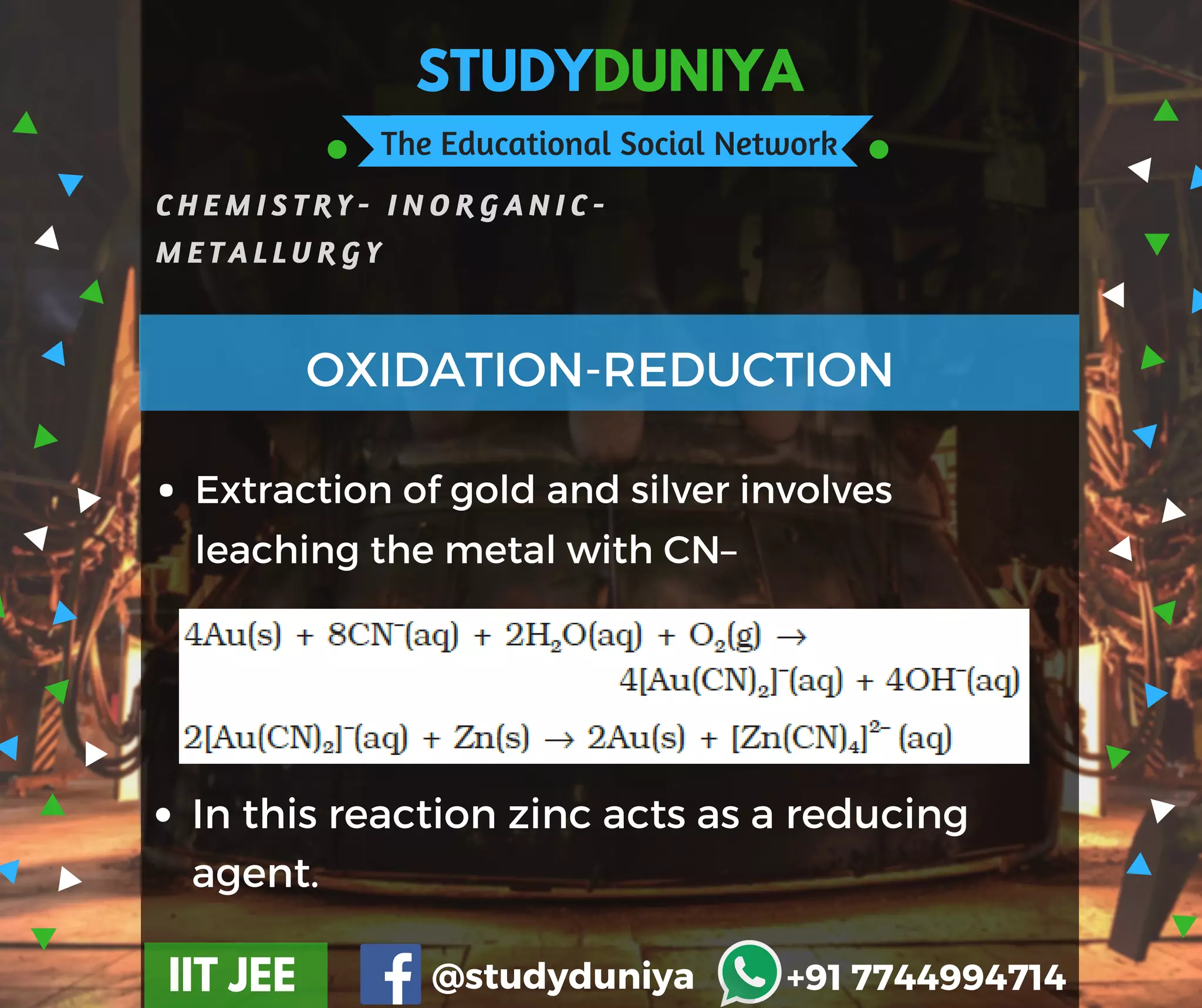 STUDYDUNIYA
The Educational Social Network
C H E M I S T R Y - I N O R G A N I C -
M E T A L L U R G Y
IIT JEE @studyduniya +91 7744994714
In this reaction zinc acts as a reducing
agent.
OXIDATION-REDUCTION
Extraction of gold and silver involves
leaching the metal with CN–
 