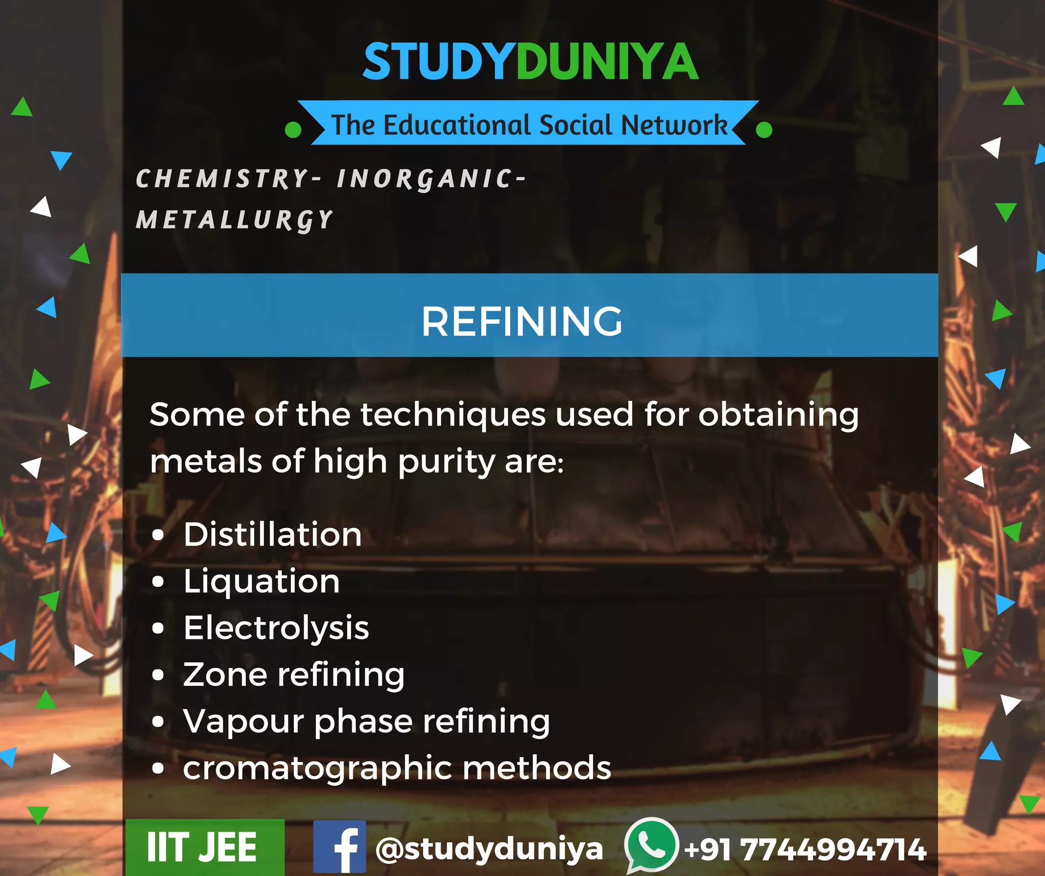STUDYDUNIYA
The Educational Social Network
C H E M I S T R Y - I N O R G A N I C -
M E T A L L U R G Y
IIT JEE @studyduniya +91 7744994714
REFINING
Distillation 
Liquation
Electrolysis 
Zone refining
Vapour phase refining 
cromatographic methods
Some of the techniques used for obtaining
metals of high purity are:
 