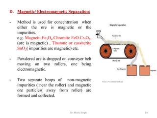 Dr. Mishu Singh 14
D. Magnetic/ Electromagnetic Separation:
- Method is used for concentration when
either the ore is magnetic or the
impurities.
e.g. Magnetit Fe3O4,Chromite FeO.Cr2O3,
(ore is magnetic) , Tinstone or cassiterite
SnO2( impurities are magnetic) etc.
- Powdered ore is dropped on conveyer belt
moving on two rollers, one being
electromagnetic.
- Two separate heaps of non-magnetic
impurities ( near the roller) and magnetic
ore particles( away from roller) are
formed and collected.
Source: www.chemistryworks.net
 