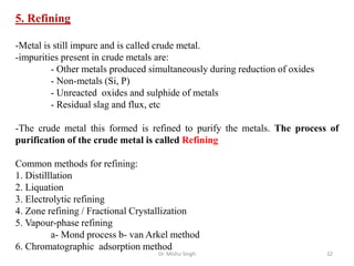 Dr. Mishu Singh 32
5. Refining
-Metal is still impure and is called crude metal.
-impurities present in crude metals are:
- Other metals produced simultaneously during reduction of oxides
- Non-metals (Si, P)
- Unreacted oxides and sulphide of metals
- Residual slag and flux, etc
-The crude metal this formed is refined to purify the metals. The process of
purification of the crude metal is called Refining
Common methods for refining:
1. Distilllation
2. Liquation
3. Electrolytic refining
4. Zone refining / Fractional Crystallization
5. Vapour-phase refining
a- Mond process b- van Arkel method
6. Chromatographic adsorption method
 