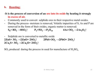 Dr. Mishu Singh 22
b. Roasting:
-It is the process of conversion of an ore into its oxide by heating it strongly
in excess of air.
- Commonly used to convert sulphide ores to their respective metal oxides.
- During the process- moisture is removed, Volatile impurities of S, As and P are
removed in the form of their oxides, organic matter is removed.
S8+ 8O2 →8SO2↑ P4+5O2 →P4O10 4As+3O2 →2As2O3↑
- Sulphide ore is converted to metallic oxide
2ZnS+ 3O2 →2ZnO+ 2SO2↑ 2PbS+3O2 →2PbO+ 2SO2↑
2Cu2S+ 3O2 →2Cu2O+ 2SO2↑
SO2 produced during the process in used for manufacture of H2SO4.
 