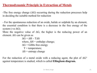 Dr. Mishu Singh 25
Thermodynamic Principle in Extraction of Metals
-The free energy change (ΔG) occurring during the reduction processes help
in deciding the suitable method for reduction
- For the spontaneous reduction of an oxide, halide or sulphide by an element,
the essential condition is that there is a decrease in the free energy of the
system (-ve ΔG).
More the negative value of ΔG, the higher is the reducing power of an
element. ΔG can be given as
ΔG = ΔH – TΔS
where, ΔH = enthalpy change;
ΔG = Gibbs free energy
T = temperature;
ΔS = entropy change
For the reduction of a metal oxide with a reducing agent, the plot of ΔG°
against temperature is studied, which is called Ellingbam diagram.
 