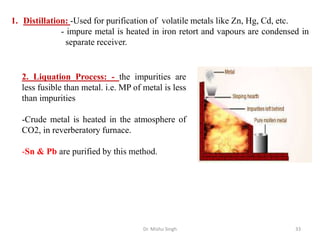 Dr. Mishu Singh 33
1. Distillation: -Used for purification of volatile metals like Zn, Hg, Cd, etc.
- impure metal is heated in iron retort and vapours are condensed in
separate receiver.
2. Liquation Process: - the impurities are
less fusible than metal. i.e. MP of metal is less
than impurities
-Crude metal is heated in the atmosphere of
CO2, in reverberatory furnace.
-Sn & Pb are purified by this method.
 