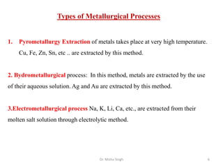 Dr. Mishu Singh 6
Types of Metallurgical Processes
1. Pyrometallurgy Extraction of metals takes place at very high temperature.
Cu, Fe, Zn, Sn, etc .. are extracted by this method.
2. Bydrometallurgical process: In this method, metals are extracted by the use
of their aqueous solution. Ag and Au are extracted by this method.
3.Electrometallurgical process Na, K, Li, Ca, etc., are extracted from their
molten salt solution through electrolytic method.
 