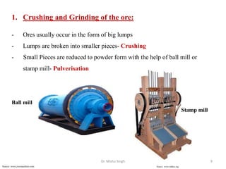 1. Crushing and Grinding of the ore:
- Ores usually occur in the form of big lumps
- Lumps are broken into smaller pieces- Crushing
- Small Pieces are reduced to powder form with the help of ball mill or
stamp mill- Pulverisation
Source: www.mdhca.orgSource: www.jxscmachine.com
Ball mill
Stamp mill
Dr. Mishu Singh 9
 