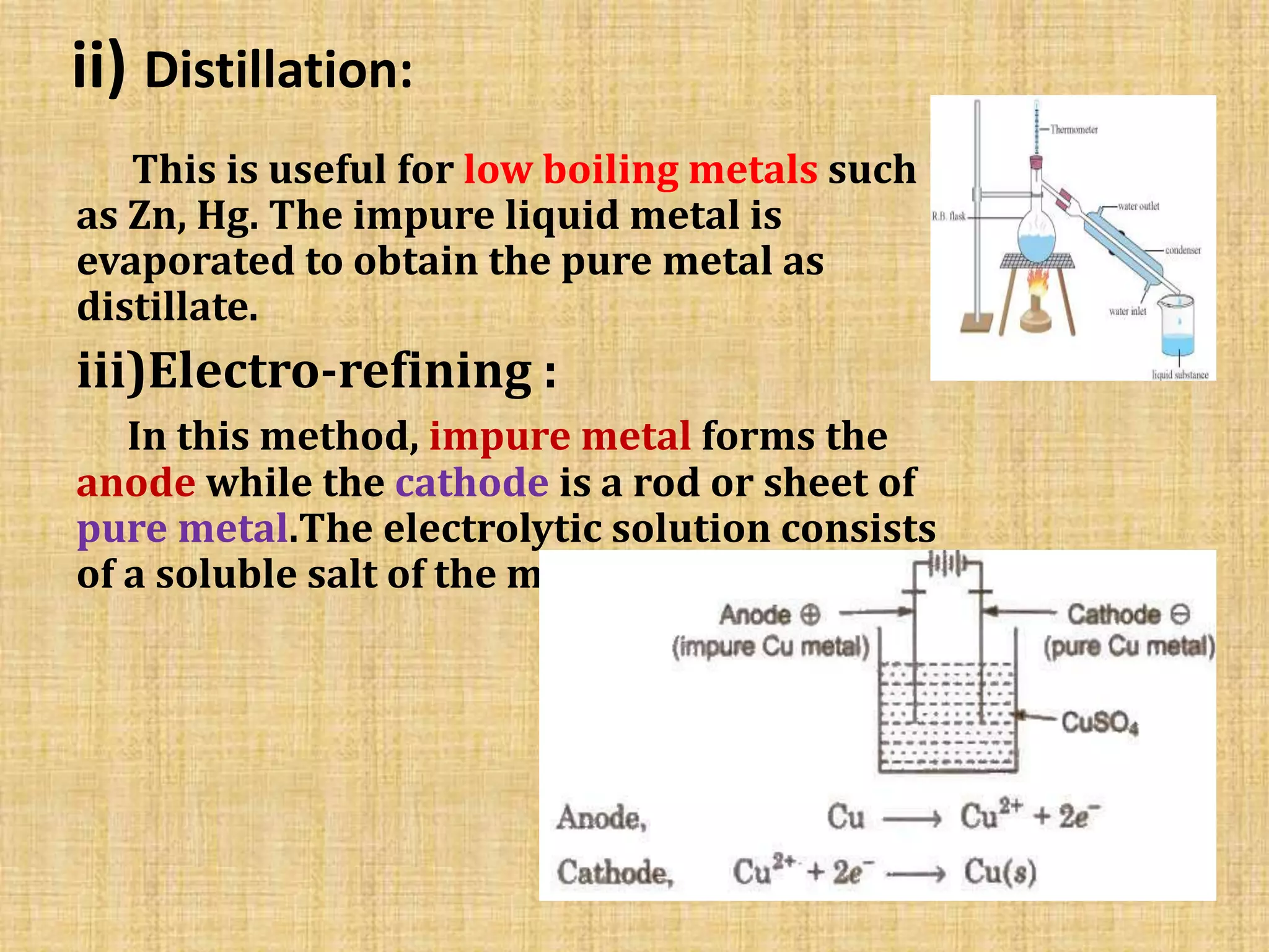 ii) Distillation:
This is useful for low boiling metals such
as Zn, Hg. The impure liquid metal is
evaporated to obtain the pure metal as
distillate.
iii)Electro-refining :
In this method, impure metal forms the
anode while the cathode is a rod or sheet of
pure metal.The electrolytic solution consists
of a soluble salt of the metal.
 