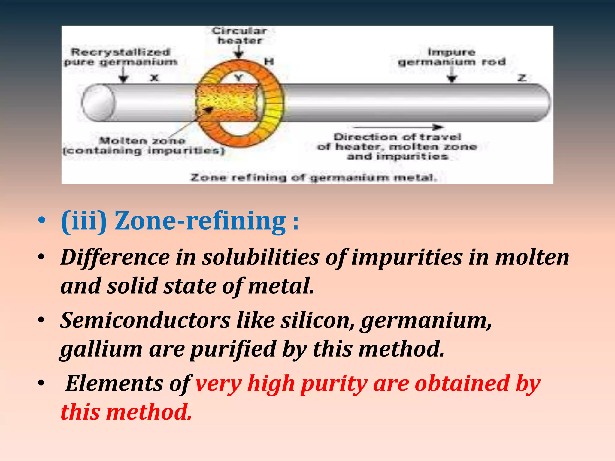 • (iii) Zone-refining :
• Difference in solubilities of impurities in molten
and solid state of metal.
• Semiconductors like silicon, germanium,
gallium are purified by this method.
• Elements of very high purity are obtained by
this method.
 