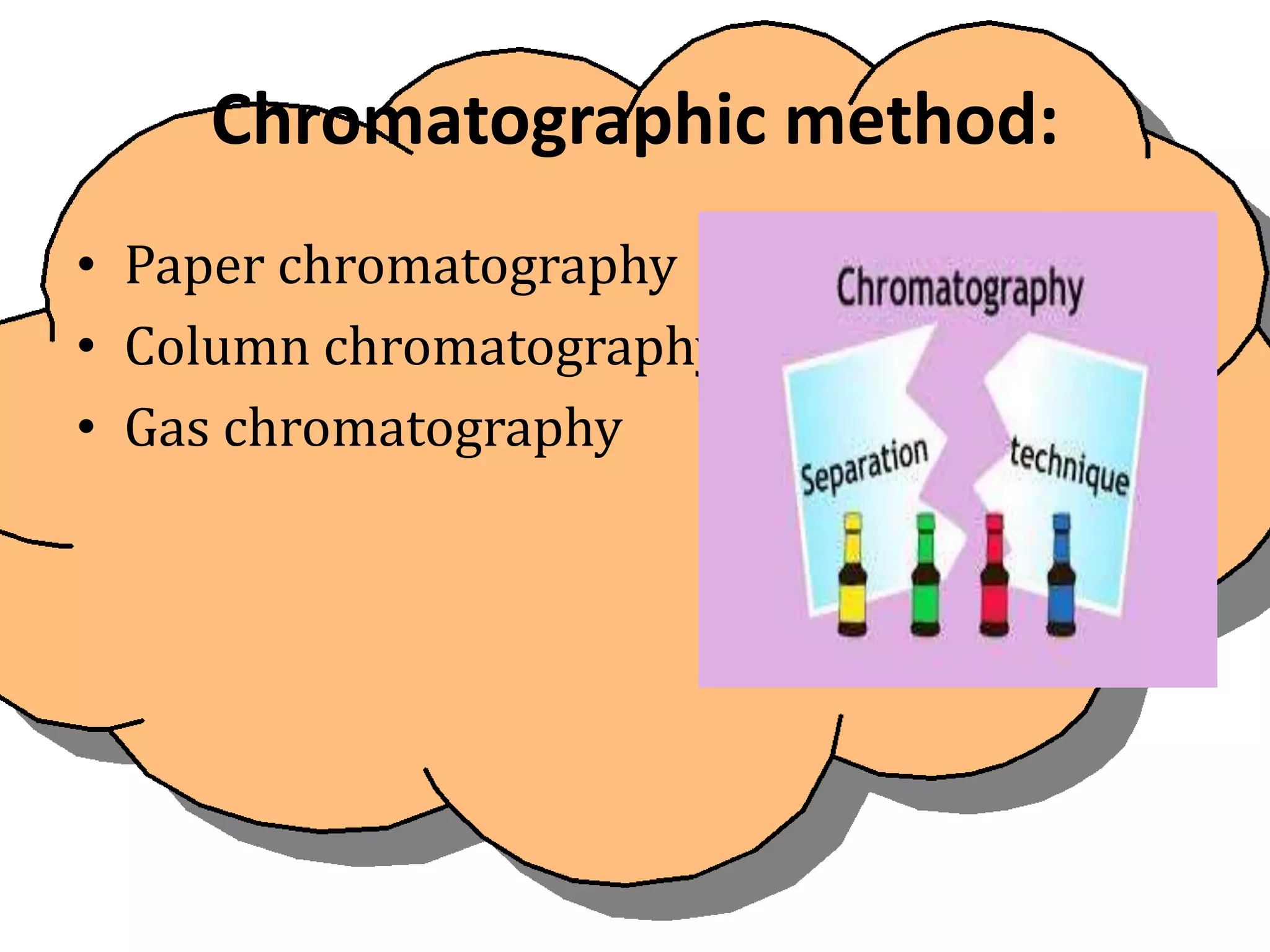 Chromatographic method:
• Paper chromatography
• Column chromatography
• Gas chromatography
 