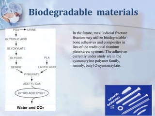 Biodegradable materials
Water and CO2
In the future, maxillofacial fracture
fixation may utilize biodegradable
bone adhesives and composites in
lieu of the traditional titanium
plate/screw systems. The adhesives
currently under study are in the
cyanoacrylate polymer family,
namely, butyl-2-cyanoacrylate.
 