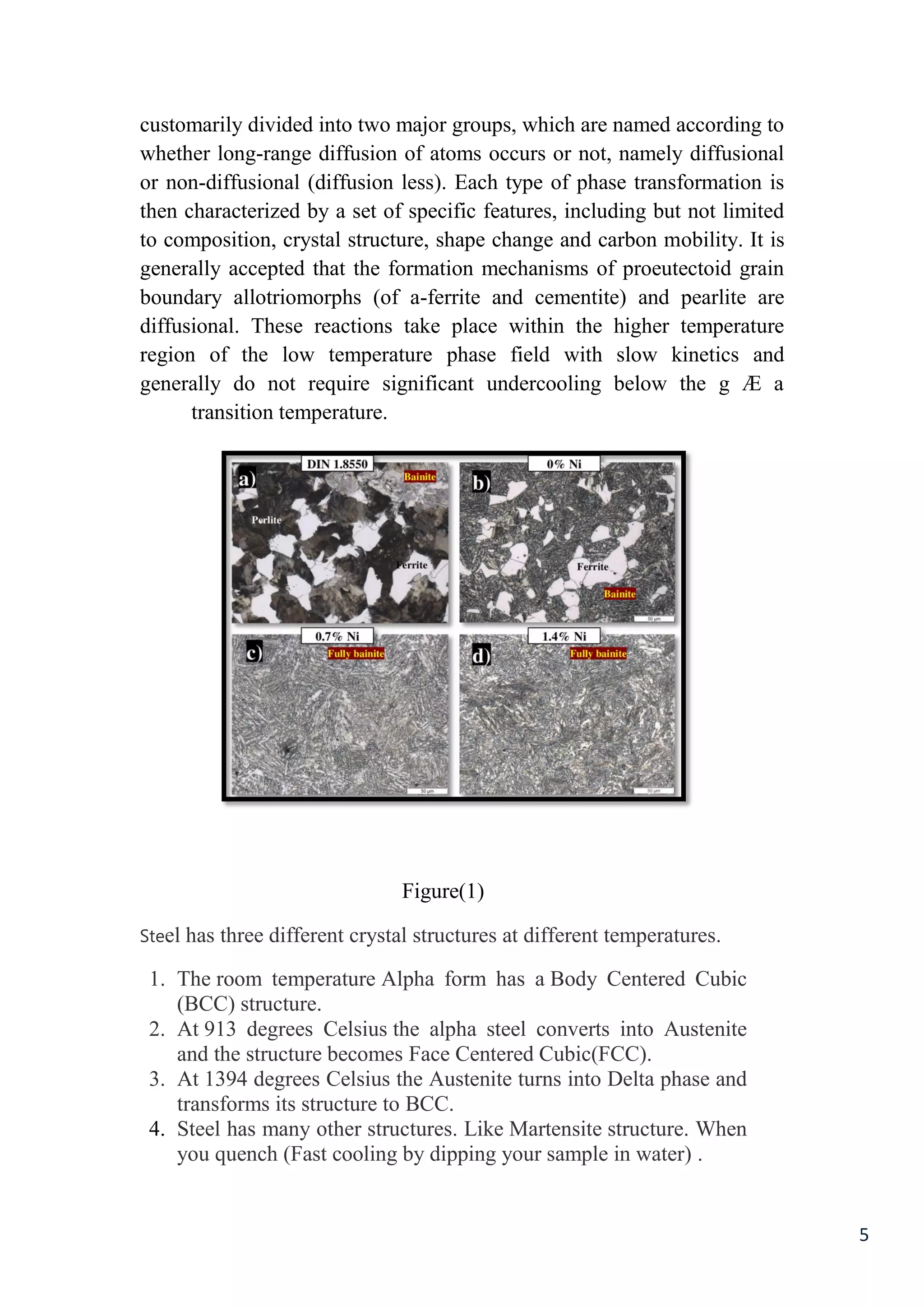 5
customarily divided into two major groups, which are named according to
whether long-range diffusion of atoms occurs or not, namely diffusional
or non-diffusional (diffusion less). Each type of phase transformation is
then characterized by a set of specific features, including but not limited
to composition, crystal structure, shape change and carbon mobility. It is
generally accepted that the formation mechanisms of proeutectoid grain
boundary allotriomorphs (of a-ferrite and cementite) and pearlite are
diffusional. These reactions take place within the higher temperature
region of the low temperature phase field with slow kinetics and
generally do not require significant undercooling below the g Æ a
transition temperature.
Figure(1)
Steel has three different crystal structures at different temperatures.
1. The room temperature Alpha form has a Body Centered Cubic
(BCC) structure.
2. At 913 degrees Celsius the alpha steel converts into Austenite
and the structure becomes Face Centered Cubic(FCC).
3. At 1394 degrees Celsius the Austenite turns into Delta phase and
transforms its structure to BCC.
4. Steel has many other structures. Like Martensite structure. When
you quench (Fast cooling by dipping your sample in water) .
 