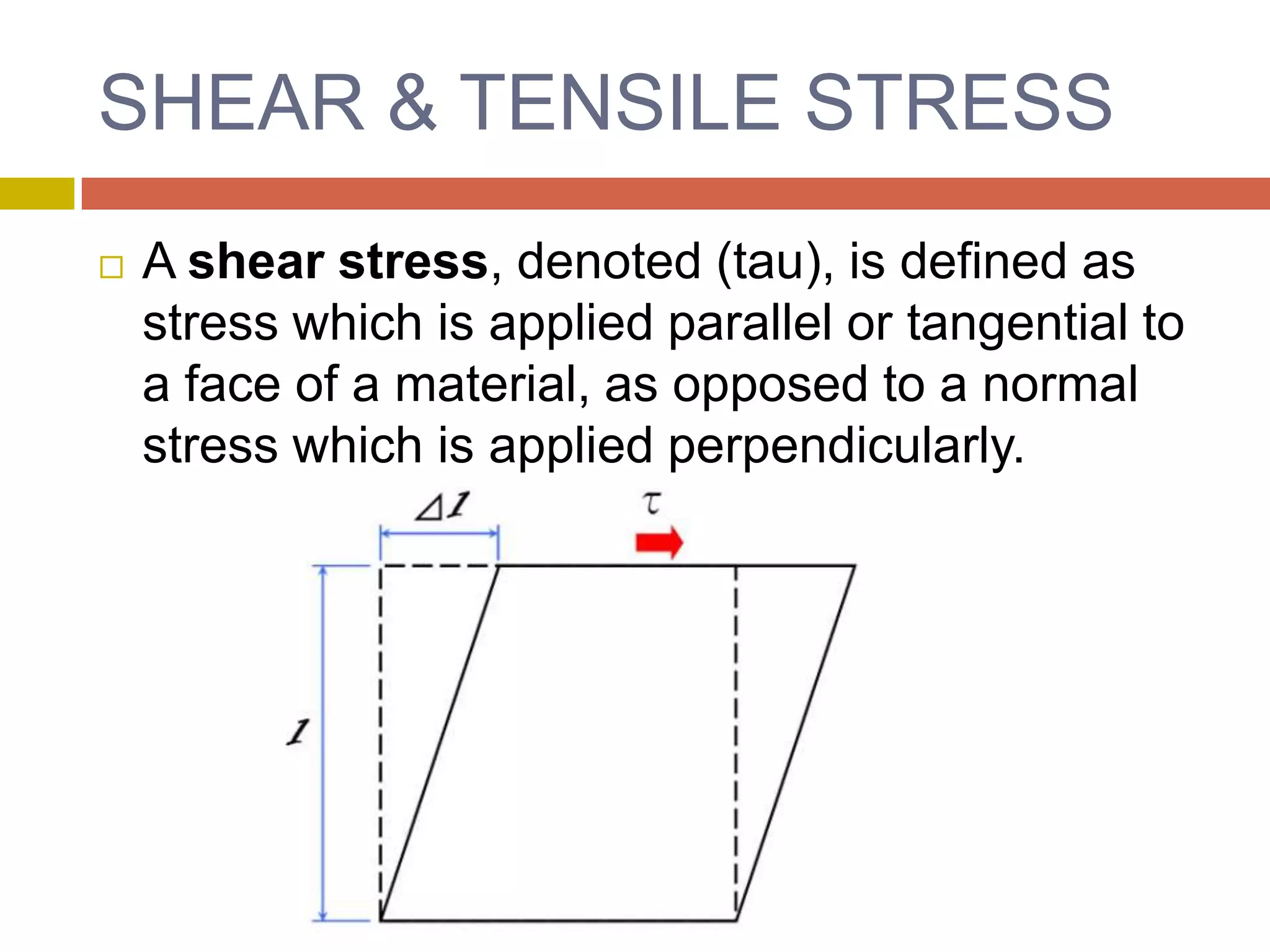 SHEAR & TENSILE STRESSA shear stress, denoted (tau), is defined as stress which is applied parallel or tangential to a face of a material, as opposed to a normal stress which is applied perpendicularly.