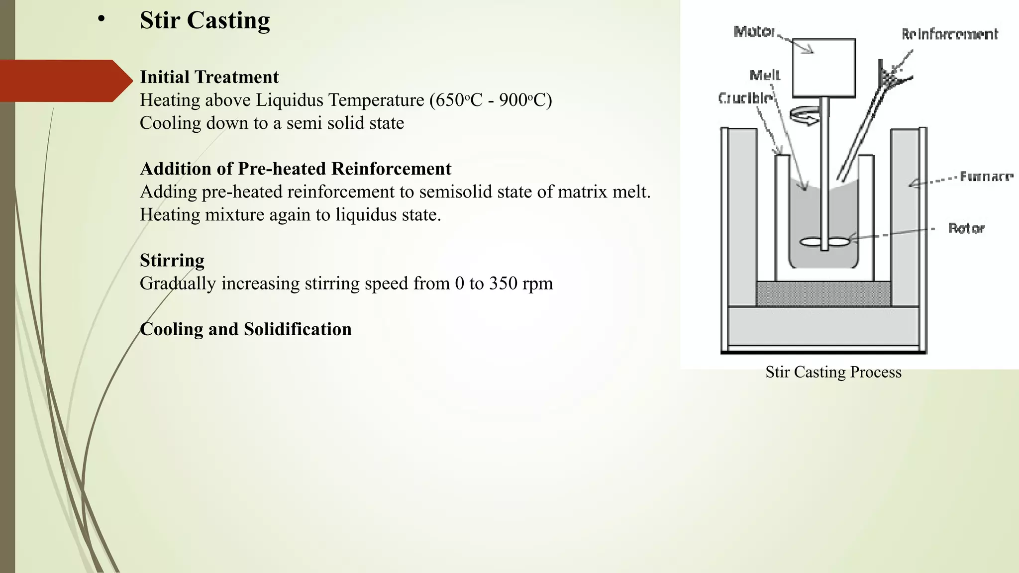 • Stir Casting
Initial Treatment
Heating above Liquidus Temperature (650o
C - 900o
C)
Cooling down to a semi solid state
Addition of Pre-heated Reinforcement
Adding pre-heated reinforcement to semisolid state of matrix melt.
Heating mixture again to liquidus state.
Stirring
Gradually increasing stirring speed from 0 to 350 rpm
Cooling and Solidification
Stir Casting Process
 