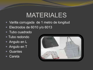 MATERIALES
 Varilla corrugada de 1 metro de longitud
 Electrodos de 6010 y/o 6013
 Tubo cuadrado
 Tubo redondo
 Angulo en L
 Angulo en T
 Guantes
 Careta
 