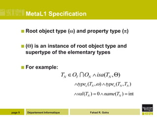 MetaL1 Specification

          Root    object type ( ) and property type ( )

         ( ) is an instance of root object type and
          supertype of the elementary types

          For   example:
                                      TN   OT  ON      isa(TN , )
                                            typeo (TN , ) typeo (TN , TN )
                                            val (TN ) 0 name(TN ) int


page 9     Département Informatique                Fahad R. Golra
 