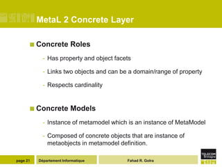 MetaL 2 Concrete Layer

       Concrete          Roles
            - Has property and object facets

            - Links two objects and can be a domain/range of property

            - Respects cardinality


       Concrete          Models
            - Instance of metamodel which is an instance of MetaModel

            - Composed of concrete objects that are instance of
              metaobjects in metamodel definition.

page 21   Département Informatique        Fahad R. Golra
 