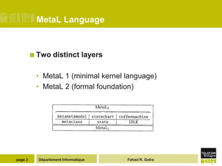MetaL Language



          Two    distinct layers

          • MetaL 1 (minimal kernel language)
          • MetaL 2 (formal foundation)




page 2     Département Informatique   Fahad R. Golra
 
