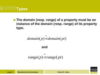 Types

          Thedomain (resp. range) of a property must be an
          instance of the domain (resp. range) of its property
          type.

                                           o
                      domain( p)  domain( pt )

                                      and
                                       o
                       range( p)  range( pt )


page 6     Département Informatique            Fahad R. Golra
 