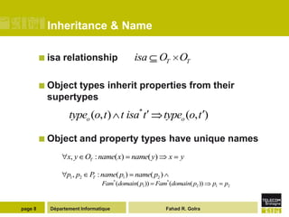 Inheritance & Name

          isa   relationship              isa       OT OT

          Objecttypes inherit properties from their
          supertypes
                  typeo (o, t ) t isa* t               typeo (o, t )

          Object     and property types have unique names
                 x, y OT : name( x) name( y)            x    y

                 p1 , p2   P : name( p1 ) name( p2 )
                            T
                               Fam* (domain( p1 )) Fam* (domain( p2 ))   p1   p2


page 8     Département Informatique                    Fahad R. Golra
 