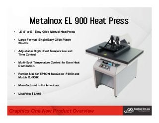 Metalnox EL 900 Heat Press
• 27.5” x 43” Easy-Glide Manual Heat Press
• Large Format Single Easy-Glide Platen
Shuttle
• Adjustable Digital Heat Temperature and
Time Control
• Multi-Spot Temperature Control for Even Heat
Distribution
• Perfect Size for EPSON SureColor F6070 and
Mutoh RJ-900X
• Manufactured in the Americas
• List Price $6,495
Graphics One New Product Overview
 