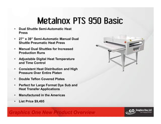 Metalnox PTS 950 Basic
• Dual Shuttle Semi-Automatic Heat
Press
• 27” x 39” Semi-Automatic Manual Dual
Shuttle Pneumatic Heat Press
• Manual Dual Shuttles for Increased
Production Runs
• Adjustable Digital Heat Temperature
and Time Control
• Consistent Heat Distribution and High
Pressure Over Entire Platen
• Double Teflon Covered Plates
• Perfect for Large Format Dye Sub and
Heat Transfer Applications
• Manufactured in the Americas
• List Price $9,495
Graphics One New Product Overview
 
