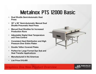 Metalnox PTS 12000 Basic
• Dual Shuttle Semi-Automatic Heat
Press
• 39” x 58” Semi-Automatic Manual Dual
Shuttle Pneumatic Heat Press
• Manual Dual Shuttles for Increased
Production Runs
• Adjustable Digital Heat Temperature
and Time Control
• Consistent Heat Distribution and High
Pressure Over Entire Platen
• Double Teflon Covered Plates
• Perfect for Large Format Dye Sub and
Heat Transfer Applications
• Manufactured in the Americas
• List Price $16,495
Graphics One New Product Overview
 