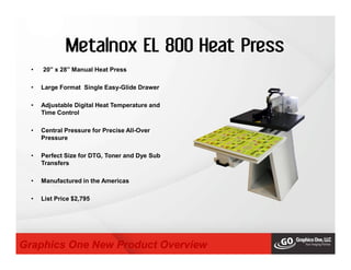 Metalnox EL 800 Heat Press
• 20” x 28” Manual Heat Press
• Large Format Single Easy-Glide Drawer
• Adjustable Digital Heat Temperature and
Time Control
• Central Pressure for Precise All-Over
Pressure
• Perfect Size for DTG, Toner and Dye Sub
Transfers
• Manufactured in the Americas
• List Price $2,795
Graphics One New Product Overview
 