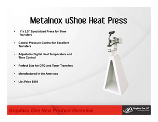 Metalnox uShoe Heat Press
• 1”x 2.5” Specialized Press for Shoe
Transfers
• Central Pressure Control for Excellent
Transfers
• Adjustable Digital Heat Temperature and
Time Control
• Perfect Size for DTG and Toner Transfers
• Manufactured in the Americas
• List Price $895
Graphics One New Product Overview
 