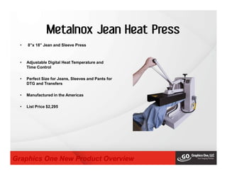 Metalnox Jean Heat Press
• 8”x 18” Jean and Sleeve Press
• Adjustable Digital Heat Temperature and
Time Control
• Perfect Size for Jeans, Sleeves and Pants for
DTG and Transfers
• Manufactured in the Americas
• List Price $2,295
Graphics One New Product Overview
 