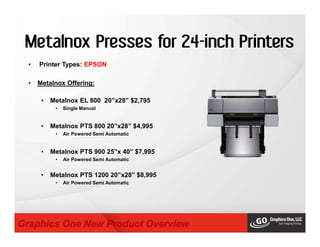Metalnox Presses for 24-inch Printers
• Printer Types: EPSON
• Metalnox Offering:
• Metalnox EL 800 20”x28” $2,795
• Single Manual
• Metalnox PTS 800 20”x28” $4,995
• Air Powered Semi Automatic
• Metalnox PTS 900 25”x 40” $7,995
• Air Powered Semi Automatic
• Metalnox PTS 1200 20”x28” $8,995
• Air Powered Semi Automatic
Graphics One New Product Overview
 