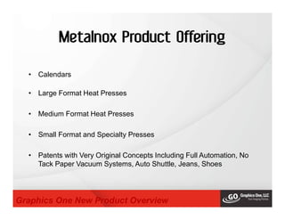 Metalnox Product Offering
• Calendars
• Large Format Heat Presses
• Medium Format Heat Presses
• Small Format and Specialty Presses
• Patents with Very Original Concepts Including Full Automation, No
Tack Paper Vacuum Systems, Auto Shuttle, Jeans, Shoes
Graphics One New Product Overview
 