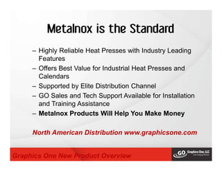 Metalnox is the Standard
– Highly Reliable Heat Presses with Industry Leading
Features
– Offers Best Value for Industrial Heat Presses and
Calendars
– Supported by Elite Distribution Channel
– GO Sales and Tech Support Available for Installation
and Training Assistance
– Metalnox Products Will Help You Make Money
North American Distribution www.graphicsone.com
Graphics One New Product Overview
 
