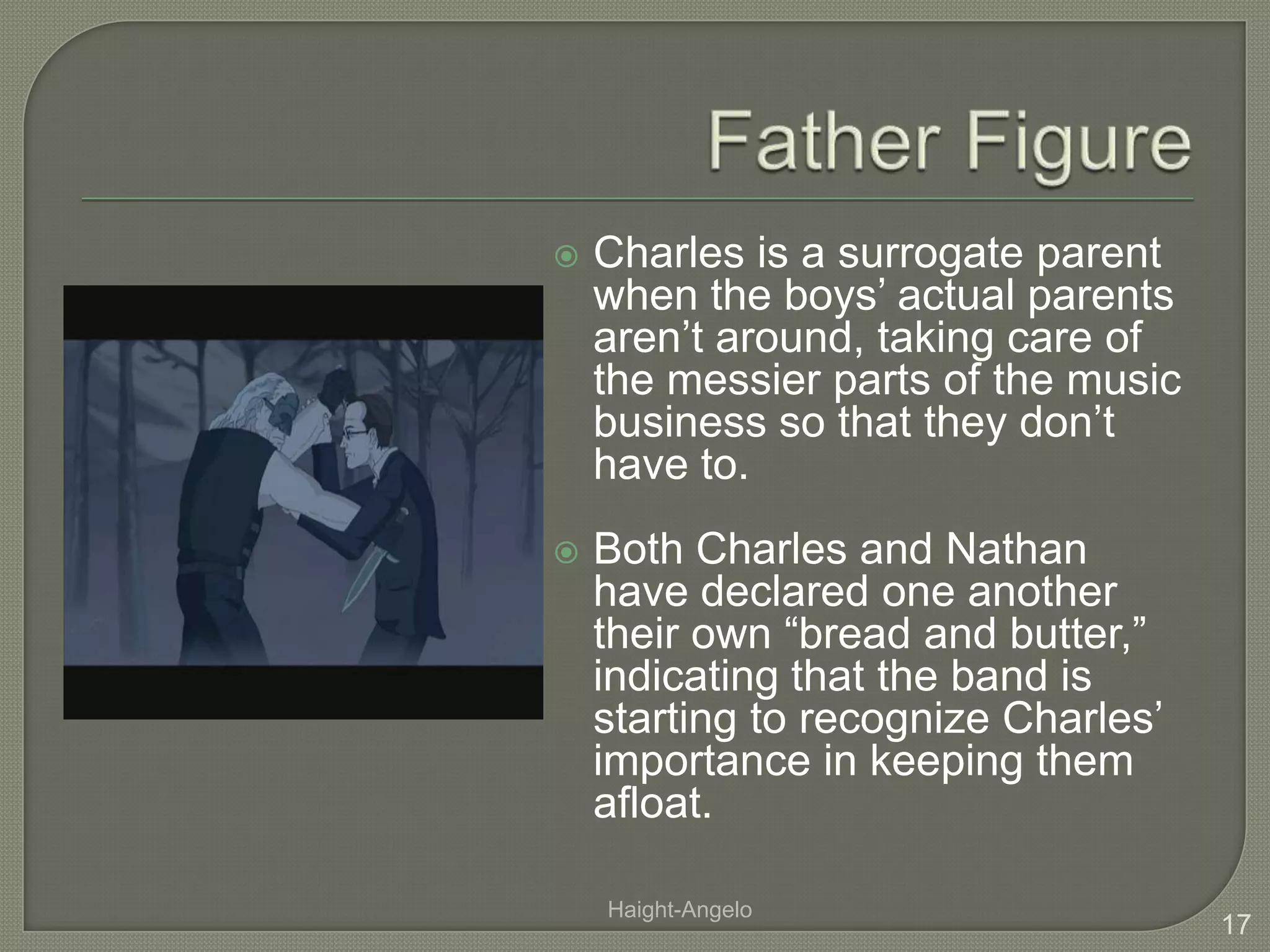 Father FigureCharles is a surrogate parent when the boys’ actual parents aren’t around, taking care of the messier parts of the music business so that they don’t have to. Both Charles and Nathan have declared one another their own “bread and butter,” indicating that the band is starting to recognize Charles’ importance in keeping them afloat.17Haight-Angelo