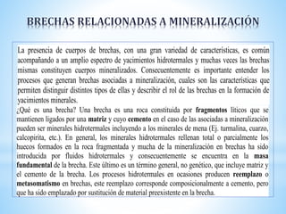 La presencia de cuerpos de brechas, con una gran variedad de características, es común
acompañando a un amplio espectro de yacimientos hidrotermales y muchas veces las brechas
mismas constituyen cuerpos mineralizados. Consecuentemente es importante entender los
procesos que generan brechas asociadas a mineralización, cuales son las características que
permiten distinguir distintos tipos de ellas y describir el rol de las brechas en la formación de
yacimientos minerales.
¿Qué es una brecha? Una brecha es una roca constituida por fragmentos líticos que se
mantienen ligados por una matriz y cuyo cemento en el caso de las asociadas a mineralización
pueden ser minerales hidrotermales incluyendo a los minerales de mena (Ej. turmalina, cuarzo,
calcopirita, etc.). En general, los minerales hidrotermales rellenan total o parcialmente los
huecos formados en la roca fragmentada y mucha de la mineralización en brechas ha sido
introducida por fluidos hidrotermales y consecuentemente se encuentra en la masa
fundamental de la brecha. Este último es un término general, no genético, que incluye matriz y
el cemento de la brecha. Los procesos hidrotermales en ocasiones producen reemplazo o
metasomatismo en brechas, este reemplazo corresponde composicionalmente a cemento, pero
que ha sido emplazado por sustitución de material preexistente en la brecha.
 