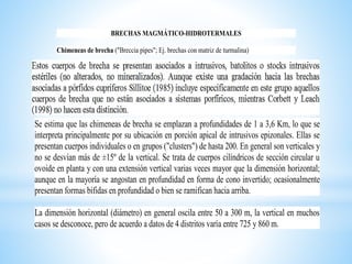 BRECHAS MAGMÁTICO-HIDROTERMALES
Chimeneas de brecha ("Breccia pipes"; Ej. brechas con matriz de turmalina)
Se estima que las chimeneas de brecha se emplazan a profundidades de 1 a 3,6 Km, lo que se
interpreta principalmente por su ubicación en porción apical de intrusivos epizonales. Ellas se
presentan cuerpos individuales o en grupos ("clusters") de hasta 200. En general son verticales y
no se desvían más de ±15º de la vertical. Se trata de cuerpos cilíndricos de sección circular u
ovoide en planta y con una extensión vertical varias veces mayor que la dimensión horizontal;
aunque en la mayoría se angostan en profundidad en forma de cono invertido; ocasionalmente
presentan formas bífidas en profundidad o bien se ramifican hacia arriba.
La dimensión horizontal (diámetro) en general oscila entre 50 a 300 m, la vertical en muchos
casos se desconoce, pero de acuerdo a datos de 4 distritos varía entre 725 y 860 m.
 