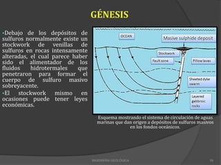 Debajo de los depósitos de
sulfuros normalmente existe un
stockwork de venillas de
sulfuros en rocas intensamente
alteradas, el cual parece haber
sido el alimentador de los
fluidos hidrotermales que
penetraron para formar el
cuerpo de sulfuro masivo
sobreyacente.
El stockwork mismo en
ocasiones puede tener leyes
económicas.
Esquema mostrando el sistema de circulación de aguas
marinas que dan origen a depósitos de sulfuros masivos
en los fondos oceánicos.
INGENIERÍA GEOLÓGICA 59
 
