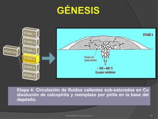  Etapa 4: Circulación de fluidos calientes sub-saturados en Cu
disolución de calcopirita y reemplazo por pirita en la base del
depósito.
INGENIERÍA GEOLÓGICA 66
 
