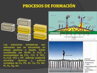 Las soluciones exhalativas son
salmueras que se encuentran en
estado gaseoso o líquido. Están
constituidas por 80-90 % H2O y
acompañados de CO2, CO, S, SO2,
H2.H2S, HCl y HF; además podemos
encontrar cloruros y sulfuros
complejos de Cu, Pb, Zn, Co, Fe, Mn,
Ni, Au, Ag, etc.
 