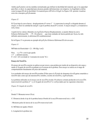 Ambos parÃ¡metros son las medidas normalizadas que definen la ductilidad del material, que es la capacidad
para fluir, es decir, la capacidad para alcanzar grandes deformaciones sin romperse. La fragilidad se define
como la negaciÃ³n de la ductilidad. Un material poco dÃºctil es frÃ¡gil. La Figura 12Â permite visualizar
estos dos conceptos grÃ¡ficamente.
Figura 12
El Ã¡rea bajo la curva fuerza - desplazamiento (F versus ï” L) representa la energÃ−a disipada durante el
ensayo, es decir la cantidad de energÃ−a que la probeta alcanzÃ³ a resistir. A mayor energÃ−a, el material es
mÃ¡s tenaz.
A partir de los valores obtenidos en el grÃ¡fico Fuerza-Desplazamiento, se puede obtener la curva
Esfuerzo-DeformaciÃ³n σ - ï”¥ . El esfuerzo σ , que tiene unidades de fuerza partido por Ã¡rea, ha sido
definido anteriormente, la deformaciÃ³n unidimensional:
En la Figura 13 se presenta un ejemplo del grÃ¡fico Esfuerzo-DeformaciÃ³n de un acero.
Figura 13
MÃ³dulo de Elasticidad = 2,1. 106 (Kg / cm2)
Pero, σ = y ï”¥ = con lo que queda
= ï” y definitivamente,
F = (Lf - L0 ) en donde la "constante de resorte" K =
Ensayo de TorsiÃ³n.
El ensayo de torsiÃ³n consiste en aplicar un par torsor a una probeta por medio de un dispositivo de carga y
medir el Ã¡ngulo de torsiÃ³n resultante en el extremo de la probeta. Este ensayo se realiza en el rango de
comportamiento linealmente elÃ¡stico del material.
Los resultados del ensayo de torsiÃ³n resultan Ãºtiles para el cÃ¡lculo de elementos de mÃ¡quina sometidos a
torsiÃ³n tales como ejes de transmisiÃ³n, tornillos, resortes de torsiÃ³n y cigÃ¼eÃ±ales.
Las probetas utilizadas en el ensayo son de secciÃ³n circular. El esfuerzo cortante producido en la secciÃ³n
transversal de la probeta (ï”´ ) y el Ã¡ngulo de torsiÃ³n (ï”± ) estÃ¡n dados por las siguientes relaciones:
Figura 19. Angulo de torsiÃ³n
;
Donde T: Momento torsor (N.m)
C: Distancia desde el eje de la probeta hasta el borde de la secciÃ³n transversal (m) c = D/2
: Momento polar de inercia de la secciÃ³n transversal (m4)
G: MÃ³dulo de rigidez (N/m2)
L: Longitud de la probeta (m)
22
 