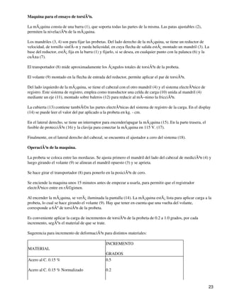 Maquina para el ensayo de torsiÃ³n.
La mÃ¡quina consta de una barra (1), que soporta todas las partes de la misma. Las patas ajustables (2),
permiten la nivelaciÃ³n de la mÃ¡quina.
Los mandriles (3, 4) son para fijar las probetas. Del lado derecho de la mÃ¡quina, se tiene un reductor de
velocidad, de tornillo sinfÃ−n y rueda helicoidal, en cuya flecha de salida estÃ¡ montado un mandril (3). La
base del reductor, estÃ¡ fija en la barra (1) y fijarlo, si se desea, en cualquier punto con la palanca (6) y la
cuÃ±a (7).
El transportador (8) mide aproximadamente los Ã¡ngulos totales de torsiÃ³n de la probeta.
El volante (9) montado en la flecha de entrada del reductor, permite aplicar el par de torsiÃ³n.
Del lado izquierdo de la mÃ¡quina, se tiene el cabezal con el otro mandril (4) y el sistema electrÃ³nico de
registro. Este sistema de registro, emplea como transductor una celda de carga (10) unida al mandril (4)
mediante un eje (11), montado sobre baleros (12) para reducir al mÃ−nimo la fricciÃ³n.
La cubierta (13) contiene tambiÃ©n las partes electrÃ³nicas del sistema de registro de la carga. En el display
(14) se puede leer el valor del par aplicado a la probeta en kg. - cm.
En el lateral derecho, se tiene un interruptor para encender/apagar la mÃ¡quina (15). En la parte trasera, el
fusible de protecciÃ³n (16) y la clavija para conectar la mÃ¡quina en 115 V. (17).
Finalmente, en el lateral derecho del cabezal, se encuentra el ajustador a cero del sistema (18).
OperaciÃ³n de la maquina.
La probeta se coloca entre las mordazas. Se ajusta primero el mandril del lado del cabezal de mediciÃ³n (4) y
luego girando el volante (9) se alinean el mandril opuesto (3) y se aprieta.
Se hace girar el transportador (8) para ponerlo en la posiciÃ³n de cero.
Se enciende la maquina unos 15 minutos antes de empezar a usarla, para permitir que el registrador
electrÃ³nico entre en rÃ©gimen.
Al encender la mÃ¡quina, se verÃ¡ iluminada la pantalla (14). La mÃ¡quina estÃ¡ lista para aplicar carga a la
probeta, lo cual se hace girando el volante (9). Hay que tener en cuenta que una vuelta del volante,
corresponde a 6Âº de torsiÃ³n de la probeta.
Es conveniente aplicar la carga de incrementos de torsiÃ³n de la probeta de 0.2 a 1.0 grados, por cada
incremento, segÃºn el material de que se trate.
Sugerencia para incremento de deformaciÃ³n para distintos materiales:
MATERIAL
INCREMENTO
GRADOS
Acero al C. 0.15 %
Acero al C. 0.15 % Normalizado
0.5
0.2
23
 