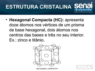 ESTRUTURA CRISTALINA
• Hexagonal Compacta (HC): apresenta
doze átomos nos vértices de um prisma
de base hexagonal, dois átomos nos
centros das bases e três no seu interior.
Ex.: zinco e titânio.
 