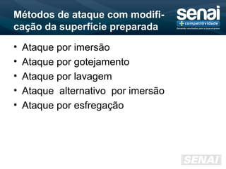 Métodos de ataque com modifi-
cação da superfície preparada
• Ataque por imersão
• Ataque por gotejamento
• Ataque por lavagem
• Ataque alternativo por imersão
• Ataque por esfregação
 
