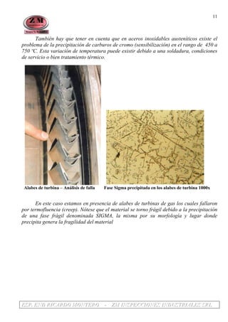 EEESSSPPP... EEENNNDDD RRRIIICCCAAARRRDDDOOO MMMOOONNNTTTEEERRROOO --- ZZZMMM IIINNNSSSPPPEEECCCCCCIIIOOONNNEEESSS IIINNNDDDUUUSSSTTTRRRIIIAAALLLEEESSS SSSRRRLLL
11
También hay que tener en cuenta que en aceros inoxidables austeníticos existe el
problema de la precipitación de carburos de cromo (sensibilización) en el rango de 450 a
750 ºC. Esta variación de temperatura puede existir debido a una soldadura, condiciones
de servicio o bien tratamiento térmico.
Alabes de turbina – Análisis de falla Fase Sigma precipitada en los alabes de turbina 1000x
En este caso estamos en presencia de alabes de turbinas de gas los cuales fallaron
por termofluencia (creep). Nótese que el material se torno frágil debido a la precipitación
de una fase frágil denominada SIGMA, la misma por su morfología y lugar donde
precipita genera la fragilidad del material
 