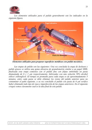 EEESSSPPP... EEENNNDDD RRRIIICCCAAARRRDDDOOO MMMOOONNNTTTEEERRROOO --- ZZZMMM IIINNNSSSPPPEEECCCCCCIIIOOONNNEEESSS IIINNNDDDUUUSSSTTTRRRIIIAAALLLEEESSS SSSRRRLLL
23
Los elementos utilizados para el pulido generalmente son los indicados en la
siguiente figura.
Piedras
Amoladora neumática
Papel abrasivo
Pasta de diamante
Goma abrasiva
Felpa para pulido
con diamante
Elementos utilizados para preparar superficies metálicas con pulido mecánico.
Las etapas de pulido son las siguientes: Una vez concluida la etapa de desbaste y
pulido grueso se utiliza una goma abrasiva de granulometría similar a un papel #800,
finalizada esta etapa comienzo con el pulido fino con felpas embebidas en pasta
diamantada de 6 y 1 µm respectivamente, lubricadas con una solución 50% alcohol
etílico/ etillenglicol. El tiempo en promedio para cada etapa es de aproximadamente 5
minutos, entre cada pasta se debe eliminar los restos del pulido anterior para no
contaminar el paño siguiente, a su vez concluido el pulido con pasta de 6 µm verifico
haber eliminado todo tipo de raya e imperfección de las etapas anteriores. En el siguiente
croquis vemos claramente cual es la idea final de este pulido.
 
