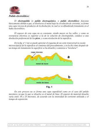 EEESSSPPP... EEENNNDDD RRRIIICCCAAARRRDDDOOO MMMOOONNNTTTEEERRROOO --- ZZZMMM IIINNNSSSPPPEEECCCCCCIIIOOONNNEEESSS IIINNNDDDUUUSSSTTTRRRIIIAAALLLEEESSS SSSRRRLLL
28
Pulido electrolítico:
El electropulido (o pulido electroquímico, o pulido electrolítico) funciona
básicamente debido a que, al disolverse el metal bajo la circulación de corriente, se forma
una capa viscosa de productos de la disolución, la cual se va difundiendo lentamente en el
baño electrolítico.
El espesor de esta capa no es constante, siendo mayor en los valles; y como su
resistencia eléctrica es superior a la de la solución de electropulido, conduce a una
disolución preferencial de los picos, y a una nivelación de la superficie.
En la fig. nº 1 (a) se puede apreciar el esquema de un corte transversal (a escala
microscópica) de la superficie al comienzo del procedimiento, y en la (b) cómo después de
un tiempo de tratamiento la superficie se ha disuelto y comienza a "nivelarse".
En este proceso no se forma una capa superficial como en el caso del pulido
mecánico, ya que lo que se disuelve es el metal de base. El espesor de material disuelto
varía entre 10 y 25 micrones, de acuerdo con la intensidad de corriente utilizada y el
tiempo de exposición.
 